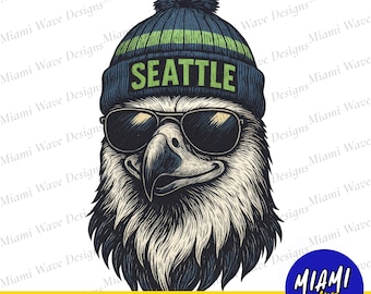May include: A detailed illustration of an eagle wearing a blue and green beanie with the word "SEATTLE" and sunglasses. The image is a high-resolution PNG file download.