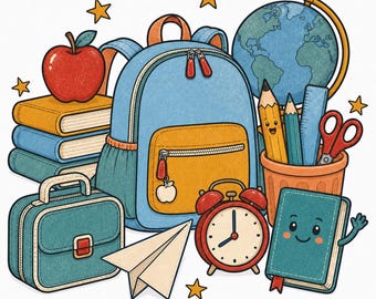 36 Retro Back to School Clipart, Vintage School Supplies Graphics (Digital Download)