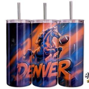 May include: Three stainless steel tumblers with a Denver Broncos theme. Each tumbler features a rearing horse, a football, and the word "DENVER" in orange. The background has blue and orange streaks.
