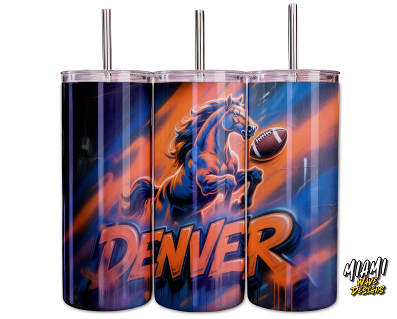 May include: Three stainless steel tumblers with a Denver Broncos theme. Each tumbler features a rearing horse, a football, and the word "DENVER" in orange. The background has blue and orange streaks.