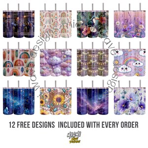 May include: Twelve stainless steel tumblers with diverse designs, such as floral, celestial, and whimsical patterns. Each tumbler has a silver straw. The text "12 FREE DESIGNS INCLUDED WITH EVERY ORDER" is at the bottom.