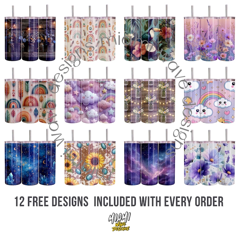 May include: Twelve stainless steel tumblers with diverse designs, such as floral, celestial, and whimsical patterns. Each tumbler has a silver straw. The text "12 FREE DESIGNS INCLUDED WITH EVERY ORDER" is at the bottom.