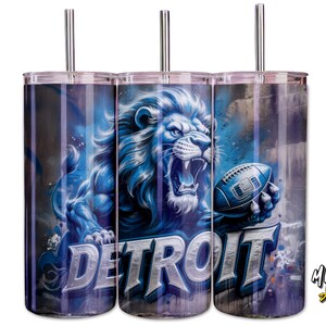 May include: Three stainless steel tumblers with a Detroit Lions theme. Each tumbler features a roaring blue lion holding a football, with the word "DETROIT" in silver lettering. The background has a blue and grey graffiti-style design.