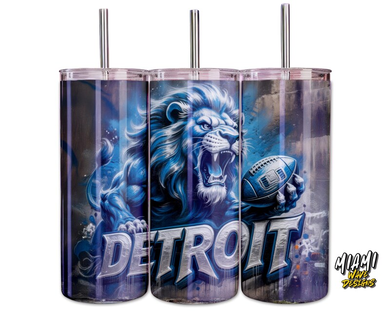May include: Three stainless steel tumblers with a Detroit Lions theme. Each tumbler features a roaring blue lion holding a football, with the word "DETROIT" in silver lettering. The background has a blue and grey graffiti-style design.