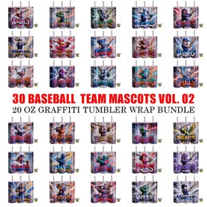 May include: A collection of 30 baseball team mascot designs on 20 oz tumblers. Each tumbler features a unique team logo and mascot illustration against a graffiti-style background with lightning effects. The text "30 BASEBALL TEAM MASCOTS VOL. 02" is displayed.
