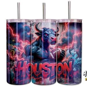 May include: Three stainless steel tumblers with a Houston-themed design. The design features a muscular bull holding a football, with the word "HOUSTON" in graffiti style. The background includes lightning and graffiti art.