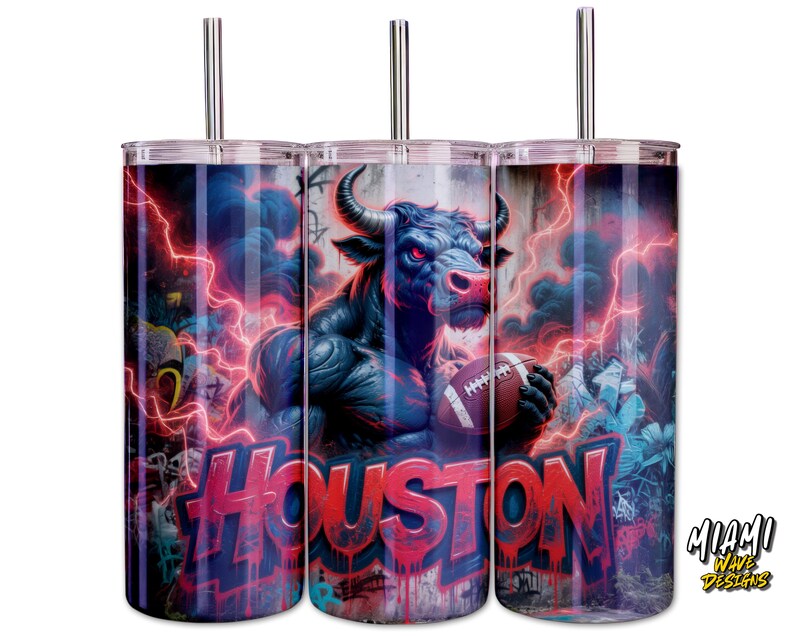May include: Three stainless steel tumblers with a Houston-themed design. The design features a muscular bull holding a football, with the word "HOUSTON" in graffiti style. The background includes lightning and graffiti art.