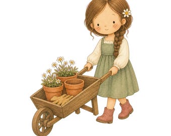 Whimsical Watercolor Girl Clipart, Cottagecore Garden Character, Nursery Art (Digital Download)