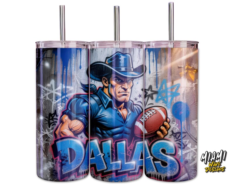 May include: Three stainless steel tumblers with a vibrant graphic. The design shows a strong cowboy with a football, and the word "DALLAS" in blue graffiti. The background has a graffiti art style, with blue and grey tones.