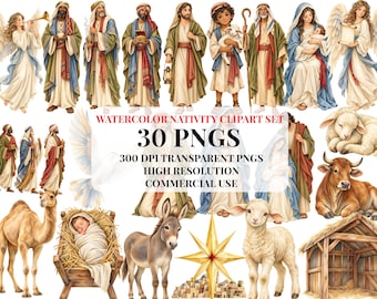 Watercolor Nativity Clipart Set, 30 Biblical Christmas Elements transparent PNGs (Digital Downloads)