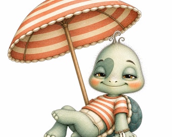 Whimsical Turtle Clipart, Watercolor Beach Summer PNG, Pen Ink Art (Digital Download)