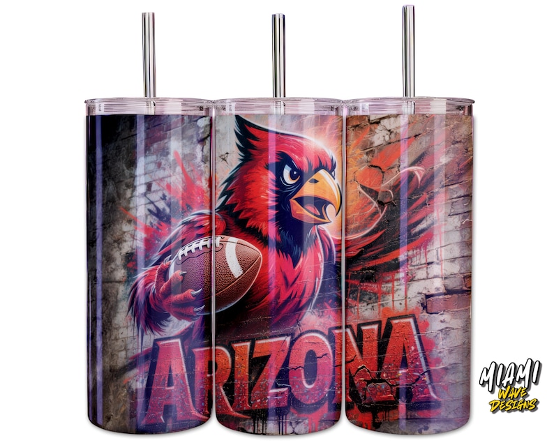 May include: Three stainless steel tumblers featuring a red cardinal bird holding a football, set against a brick wall background. The word "ARIZONA" is displayed in red graffiti-style lettering. Each tumbler has a silver straw.