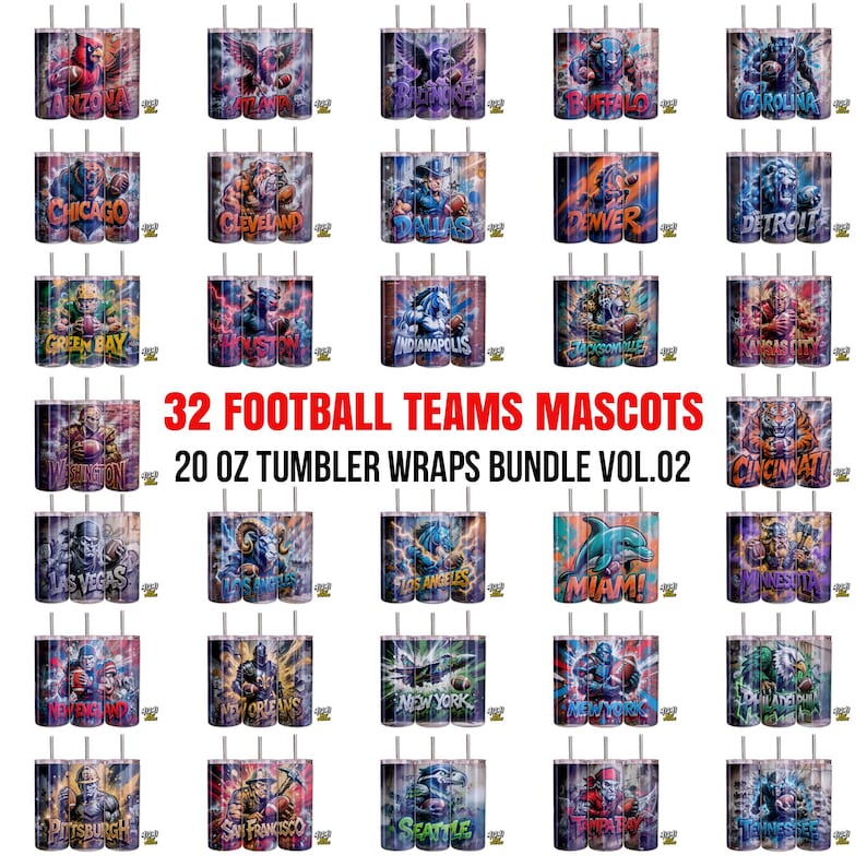 32 NFL Football Teams in Graffiti wall art style with 3D text for 20 oz Tumbler wrap png bundle