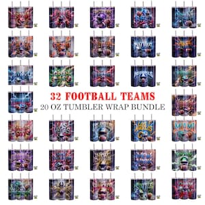 May include: A collection of 32 football team-themed 20 oz tumbler wraps. Each tumbler features a team name, helmet, and football design with a lightning bolt background. The text "32 FOOTBALL TEAMS 20 OZ TUMBLER WRAP BUNDLE" is displayed.