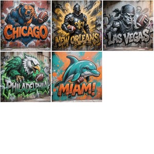 May include: A series of graffiti artworks depicting city mascots with American footballs. The images include a bear for Chicago, a knight for New Orleans, a pirate for Las Vegas, an eagle for Philadelphia, and a dolphin for Miami, each with the city name in vibrant colours.