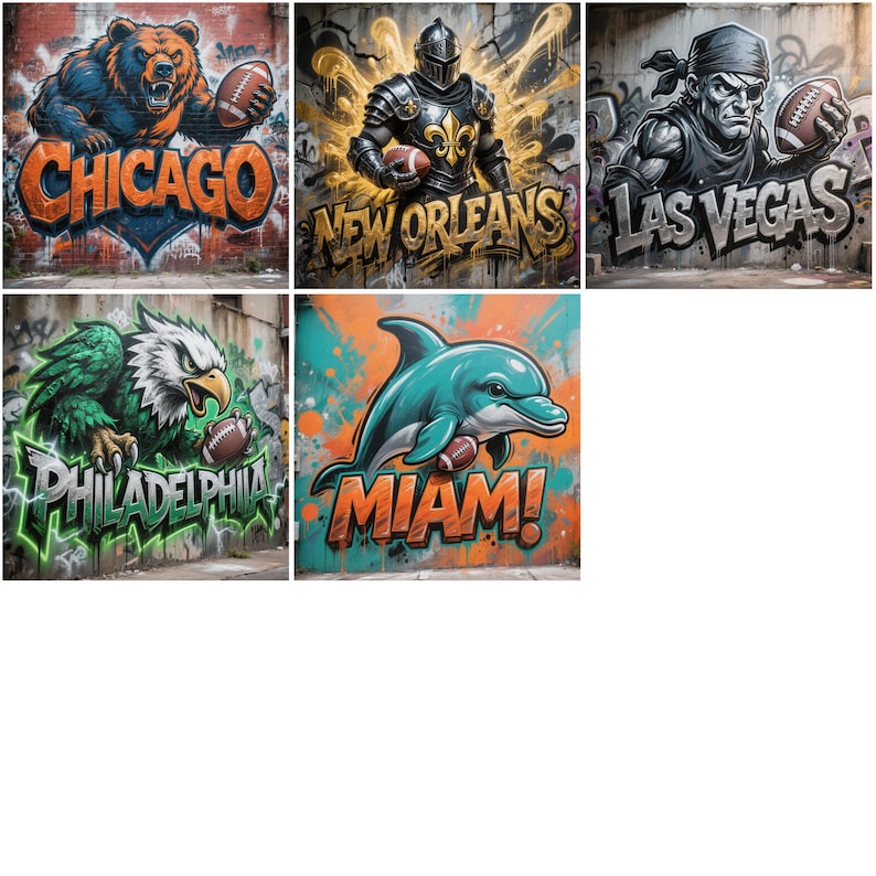 May include: A series of graffiti artworks depicting city mascots with American footballs. The images include a bear for Chicago, a knight for New Orleans, a pirate for Las Vegas, an eagle for Philadelphia, and a dolphin for Miami, each with the city name in vibrant colours.