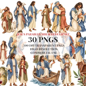Op de afbeelding: Een verzameling van 30 digitale illustraties met Jezus in verschillende scènes, waaronder interactie met mensen, het vasthouden van een lam, zittend in een boot en bij een schatkist, met de tekst JESUS PARABLES MIRACLES CLIPART 30 PNGS.