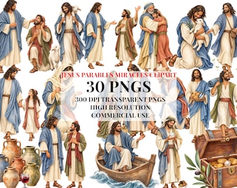 Jesus Parables and Miracles Clipart Set, 30 Christian PNGs transparent PNGs (Digital Downloads)