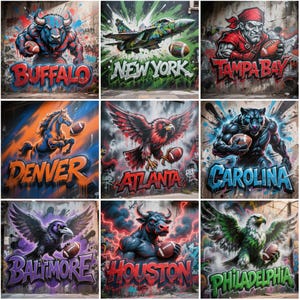 May include: A series of graffiti artworks depicting NFL team mascots with American footballs. The images include a blue buffalo, a jet, a pirate, a horse, an eagle, a panther, a raven, a bull, and another eagle, each with their team's name.