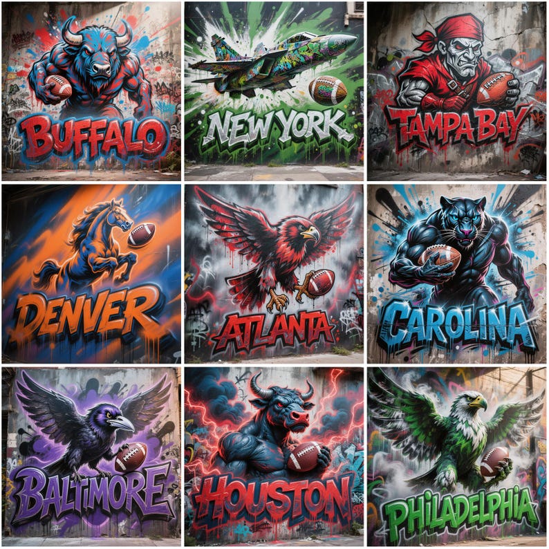May include: A series of graffiti artworks depicting NFL team mascots with American footballs. The images include a blue buffalo, a jet, a pirate, a horse, an eagle, a panther, a raven, a bull, and another eagle, each with their team's name.