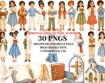 Christian Kids Clipart Set, 30 Sunday School Watercolor Elements transparent PNGs (Digital Downloads)
