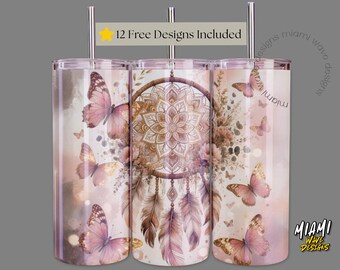 Boho Dreamcatcher Tumbler Wrap, Butterfly Floral 20 oz Skinny Tumbler Sublimation Design, Butterflies Digital Download PNG 0222