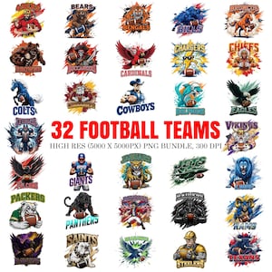 May include: A collection of 32 football team logos, each featuring a unique mascot or emblem. The logos are vibrant and detailed, with team names prominently displayed. The image includes the text "32 FOOTBALL TEAMS" and "PNG BUNDLE".