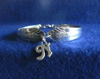 Old Vintage Silver Spoon Bracelet w/ Sterling Silver Letter Initial " N "  Charm PLUS * Free * Silver Polishing Cloth
