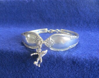 Old Vintage Silver Spoon Bracelet w/ Sterling Silver 3D Soccer Ball Sports Angel Charm PLUS * Free * Silver Polishing Cloth