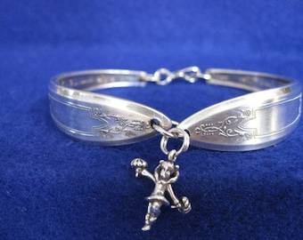 Vintage Old Silver Spoon Bracelet w/ Sterling Silver Cheerleader Charm