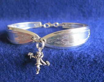 Old Vintage Silver Spoon Bracelet w/ Sterling Silver 3D Cheerleader Charm PLUS * Free * Silver Polishing Cloth