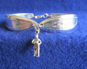 Old Vintage Silver Spoon Bracelet w/ Sterling Silver 3D Zodiac AQUARIUS Charm PLUS * Free * Silver Polishing Cloth
