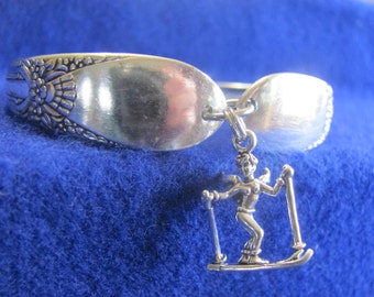 Old Vintage Silver Spoon Bracelet w/ Sterling Silver 3D Sports Snow Skiing Angel Charm PLUS * Free * Silver Polishing Cloth