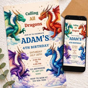 Op de afbeelding: Een verjaardagsuitnodiging met een draakthema. De uitnodiging toont kleurrijke draken in groen, rood, paars en blauw, met de tekst "Calling All Dragons" en details voor Adams 4e verjaardag op 20 juli.