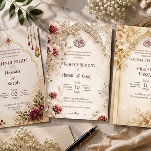 Puede incluir: Tres tarjetas de invitación de boda con diseños florales y ornamentados. Las tarjetas presentan los nombres de Hassan y Sarah, con detalles del evento para una Noche Mehndi, una Ceremonia Nikah y una Recepción Walima. La paleta de colores incluye crema, oro y burdeos.