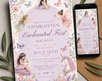 Enchanted Fairy First Birthday Invitation Template: Watercolor Unicorn, Butterfly Party (Canva Editable)