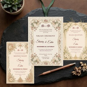 May include: Three wedding invitation cards with floral and ornate designs. The cards feature text for a Nikah Ceremony, Mehndi Night, and Walima Reception. The invitations are cream-colored with brown and gold accents, and a pen rests nearby.