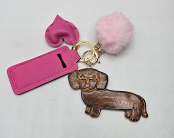 Hand-Painted Clay Brown and Black Dachshund Charm with Chapstick Holder, Purse Accessory