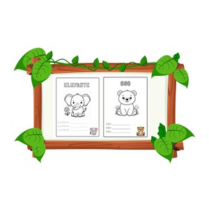 May include: A wooden-framed colouring page featuring an elephant and a bear, with the words "ELEFANTE" and "OSO" above the images. Green leaves and vines decorate the frame, adding a playful touch to the educational theme.