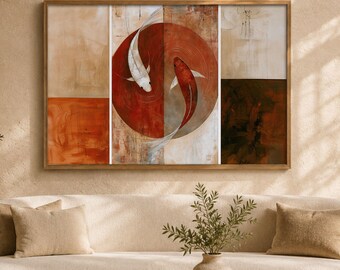 Koi Fish Wall Art, Japandi Horizontal Printable, Zen Abstract Wall Decor, Japanese Modern Art Print, Neutral Beige Living Room Decor AQ00193