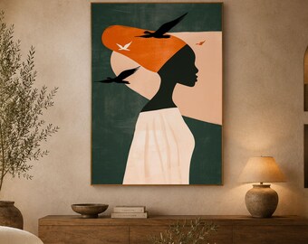 Afrocentric Art Print, African Woman Portrait, Terracotta Green Wall Decor, Boho Feminine Poster, Black Woman Wall Art AQ00173