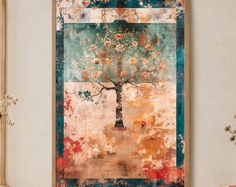 Moody Wall Art, Botanical Print, Scandi Folk Art, Tree of Life Print, Farmhouse Decor, Living Room Wall Art, Digital Download AQ00172
