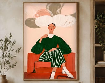 Black Woman Coffee Wall Art, Modern Afrocentric Figurative Print, Emerald Green Terracotta Decor, Printable Digital Download AQ00198