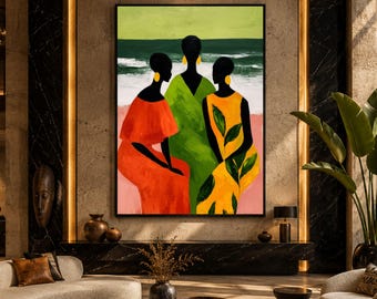 Afrocentric Wall Art | Black Women Beach art Print | Coastal Artwork | Colorful Wall Art Digital Download | AQ00186