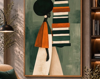 Afrocentric Wall Art | Bookish Black Woman with Books | Terracotta Sage Green | Book Wall Art Library Decor | Digital Download AQ00187