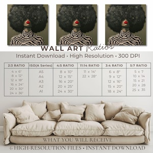 May include: Three canvas prints featuring a woman with a large afro, red lips, and a zebra-striped shirt. The prints are displayed above a beige sofa. The image includes a chart detailing various print sizes, such as 8 x 10 inches and 16 x 20 inches.