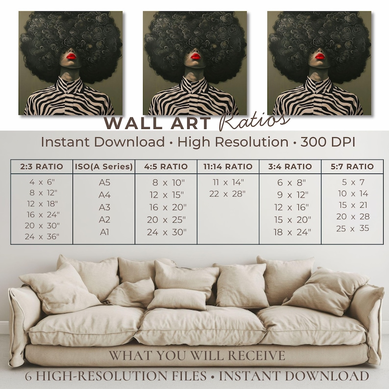 May include: Three canvas prints featuring a woman with a large afro, red lips, and a zebra-striped shirt. The prints are displayed above a beige sofa. The image includes a chart detailing various print sizes, such as 8 x 10 inches and 16 x 20 inches.