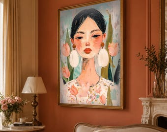 Floral Woman Portrait Print, Modern Abstract Portrait Wall Art, Printable Digital Download, Feminine Botanical Decor Living Room Art AQ00181