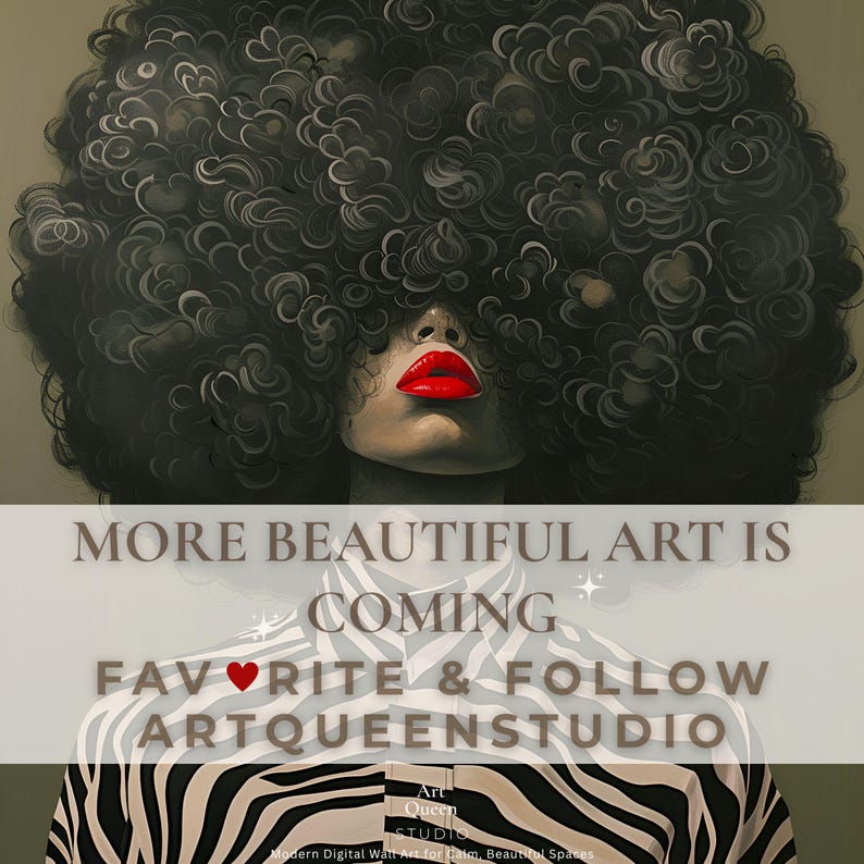 May include: An artistic portrait features a woman with voluminous, dark curly hair and vibrant red lips. The image includes text that reads "MORE BEAUTIFUL ART IS COMING FAVORITE & FOLLOW ARTQUEENSTUDIO."