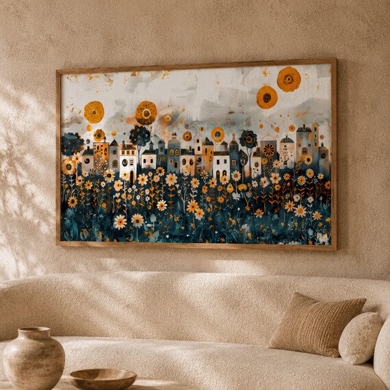 Folk Village Wall Art Print | Golden Floral Landscape Poster